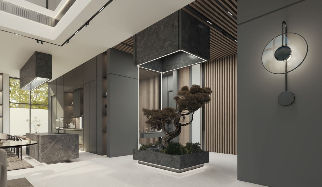 Villa 38 kitchen with a bonsai under a lit stone canopy and timber slats