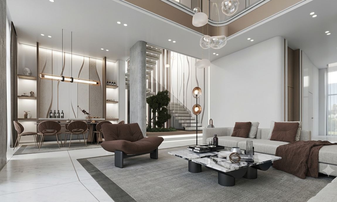 Villa 41 double-height living room with a concrete column, sculptural stair and dining bar