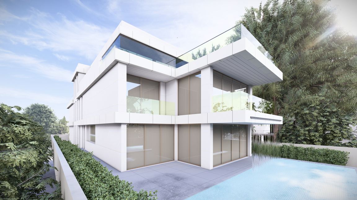 Villa 41: white cantilevered floors and frameless glass beside a pool
